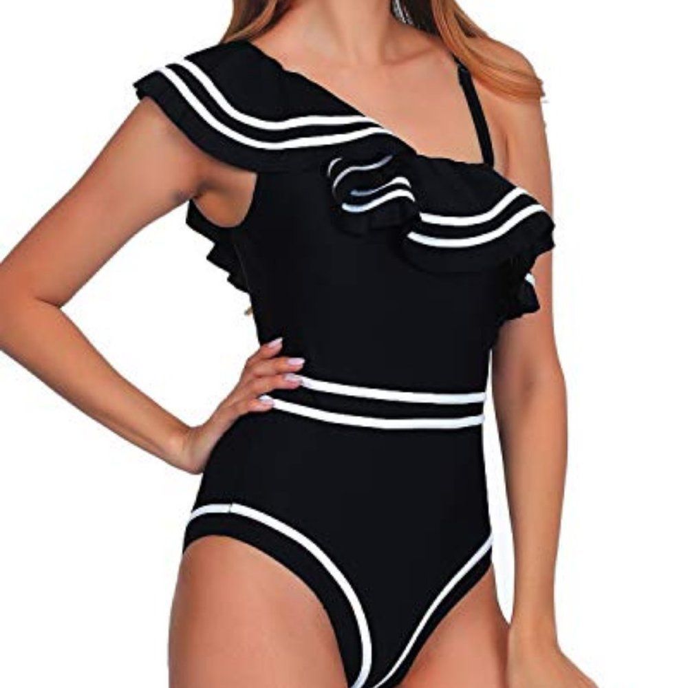 NWOT Women One Piece Nave Vintage Swim One Shoulder Ruched Flounce High … - Picture 4 of 5